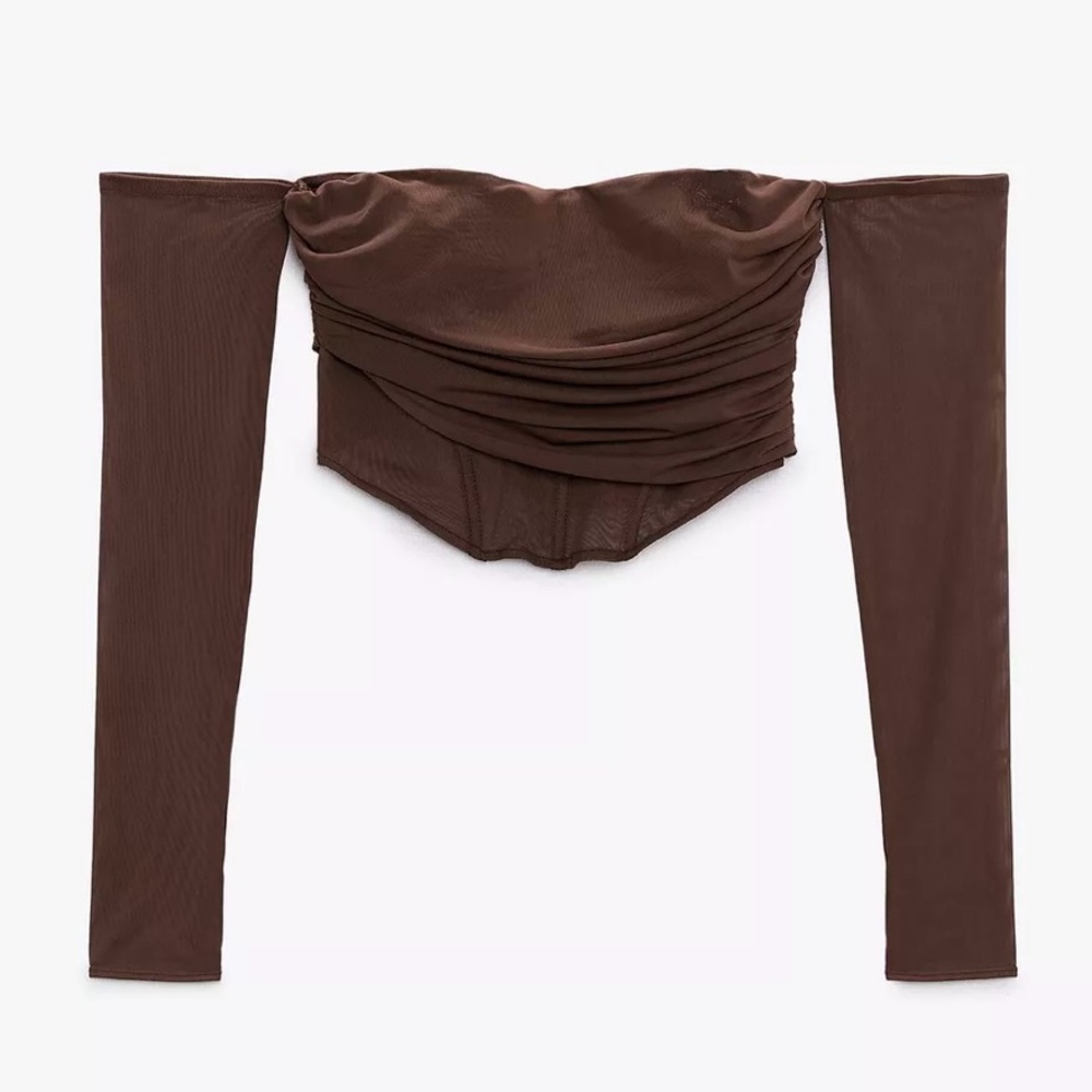 Brown Off-Shoulder Long Sleeve Top